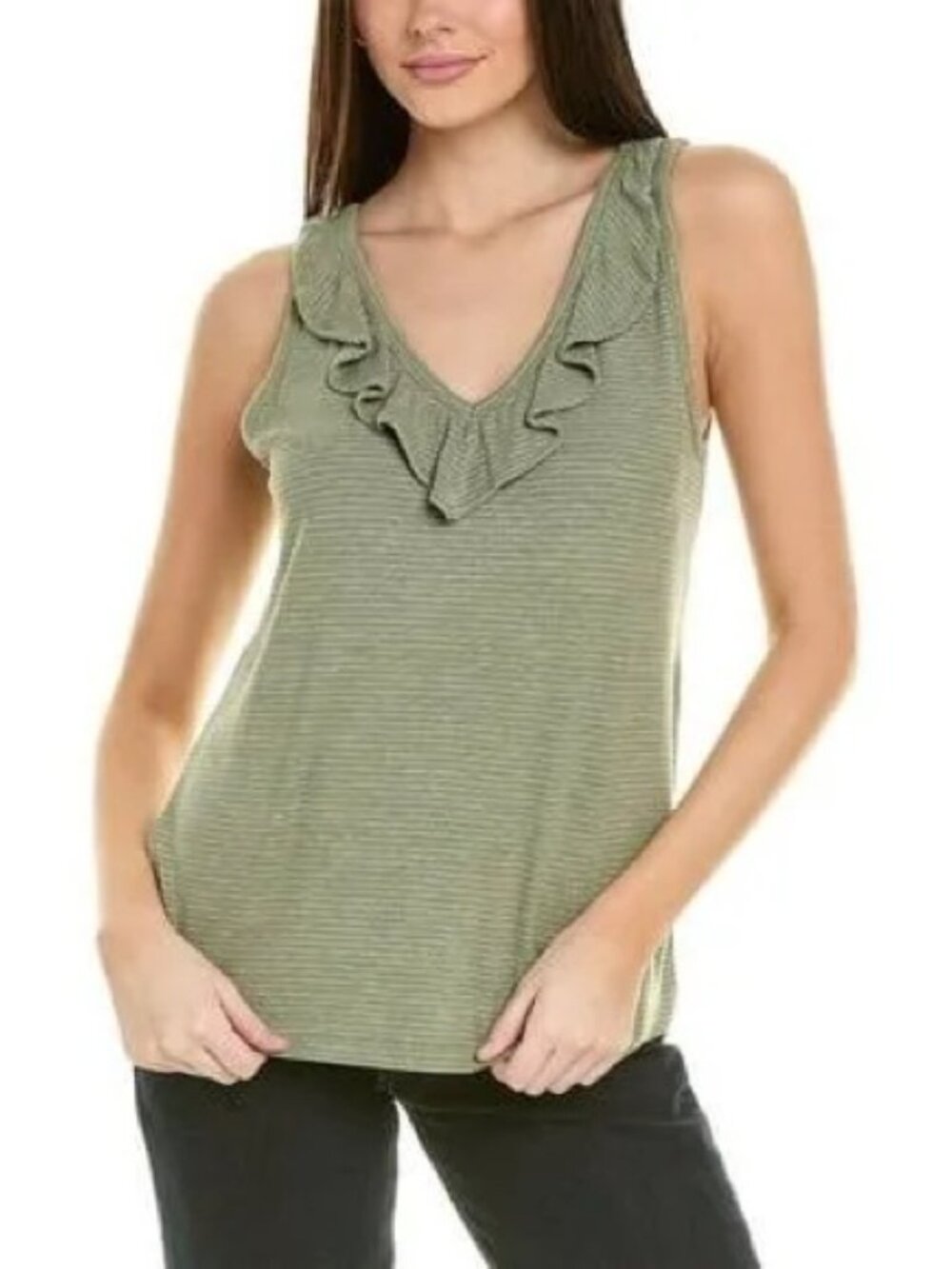 Cabi # 6143 Wink Tank Soft Top Green Micro Striped Front Ruffle Size Medium